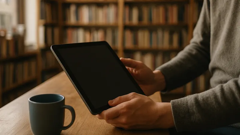 Hände halten ein Tablet an der Holztheke einer kleinen Buchhandlung, Bildschirm abgewandt und unscharf