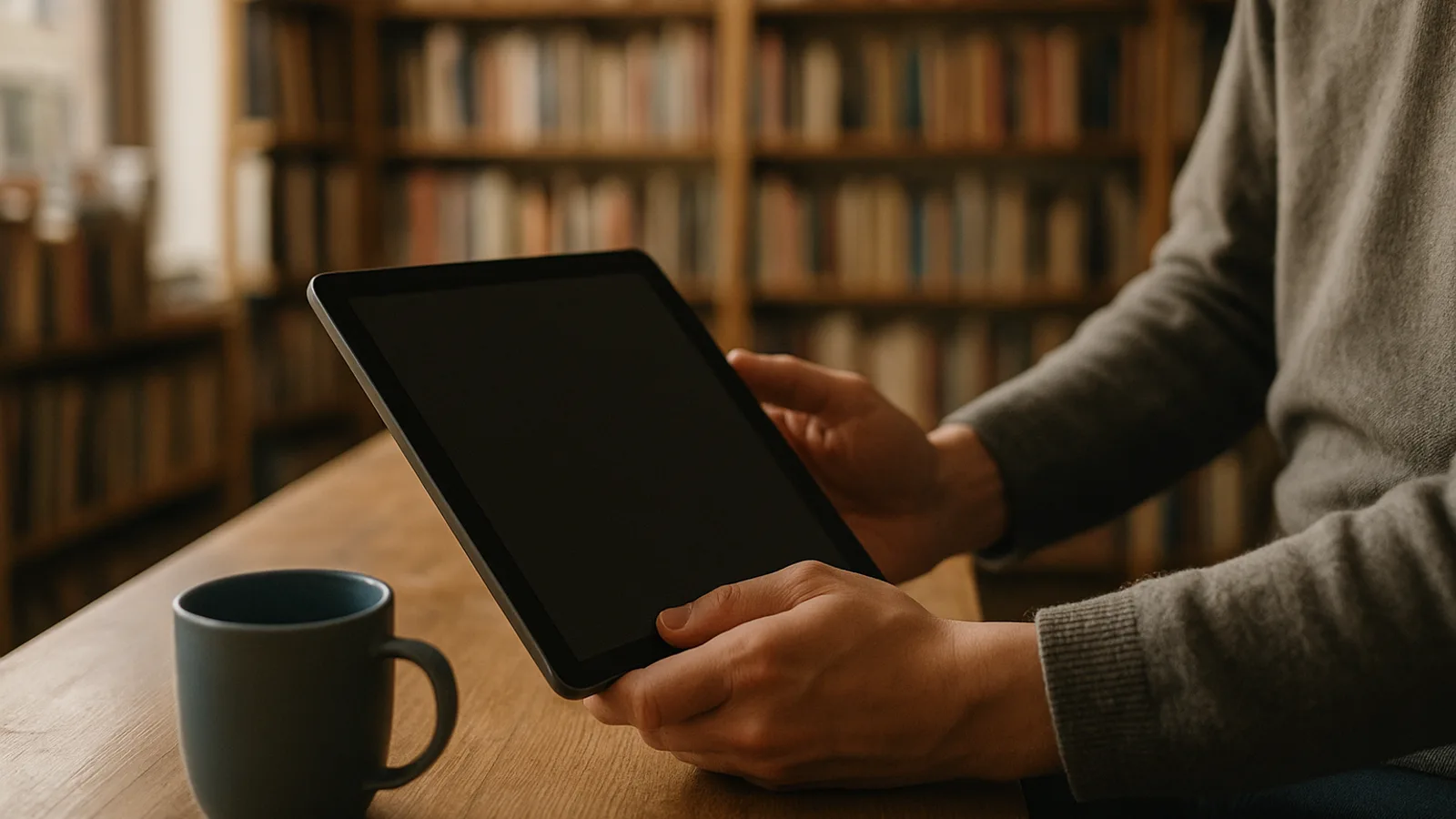 Hände halten ein Tablet an der Holztheke einer kleinen Buchhandlung, Bildschirm abgewandt und unscharf