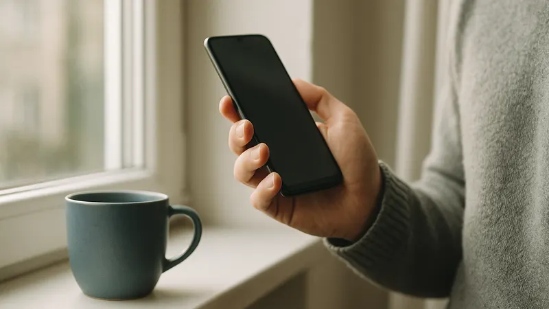 Hand hält ein Smartphone am sonnigen Fenster, Bildschirm abgewandt