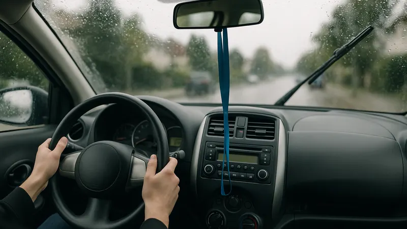 Blick durch die regennasse Windschutzscheibe eines Fahrschulautos, Hände am Lenkrad, Straße unscharf