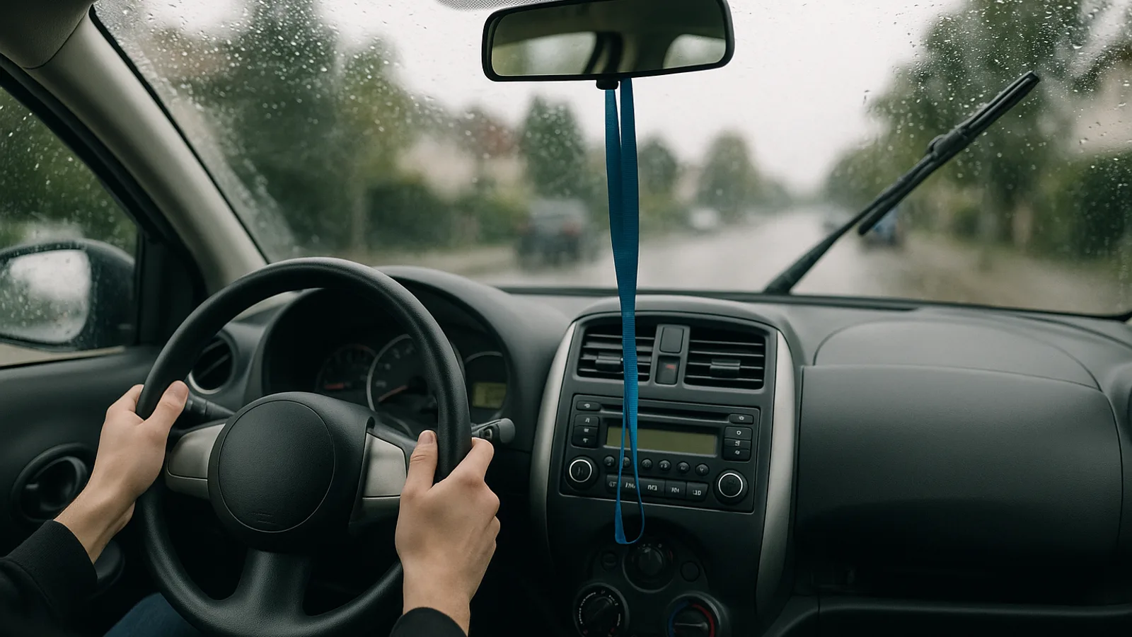 Blick durch die regennasse Windschutzscheibe eines Fahrschulautos, Hände am Lenkrad, Straße unscharf