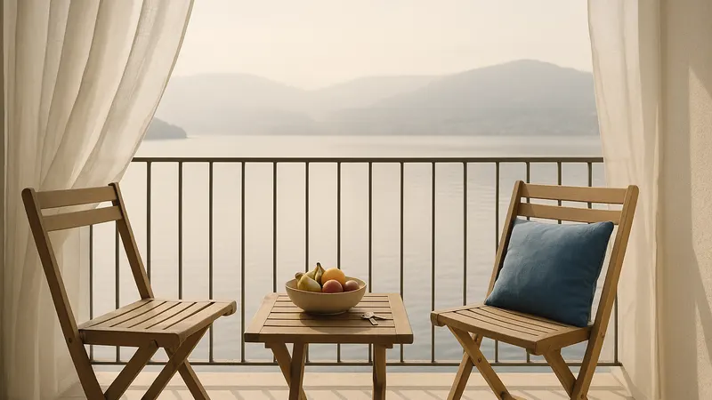 Balkon einer Ferienwohnung am Morgen mit Blick auf einen See