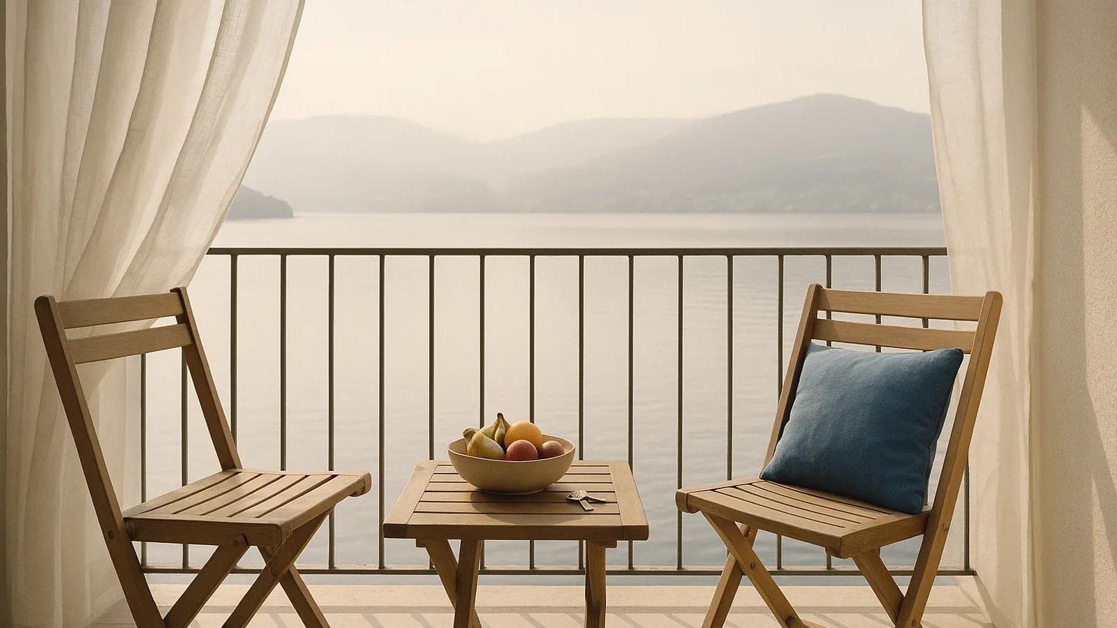 Balkon einer Ferienwohnung am Morgen mit Blick auf einen See