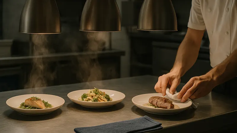 Küchenpass eines Restaurants mit angerichteten Tellern unter Wärmelampen