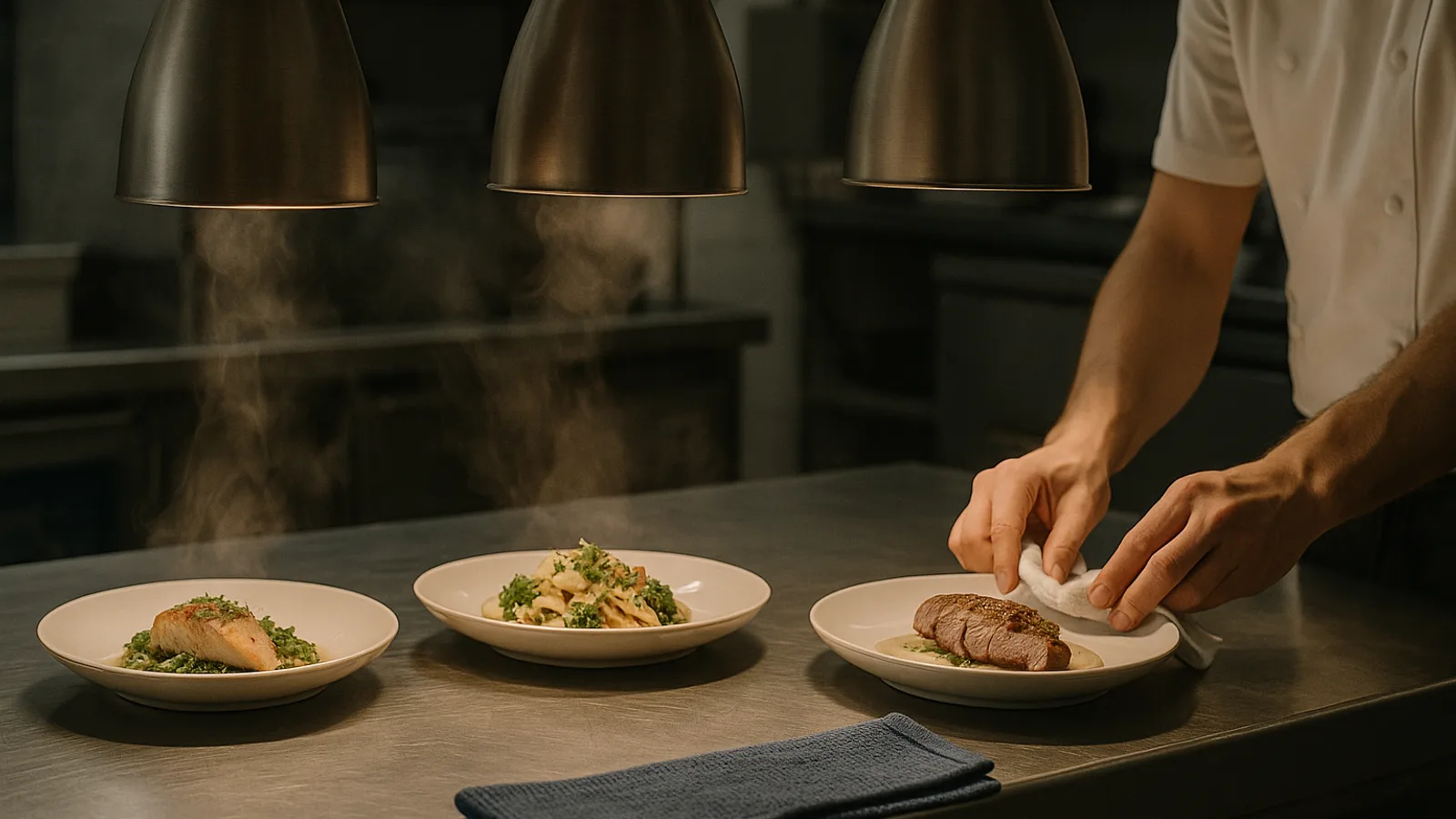 Küchenpass eines Restaurants mit angerichteten Tellern unter Wärmelampen