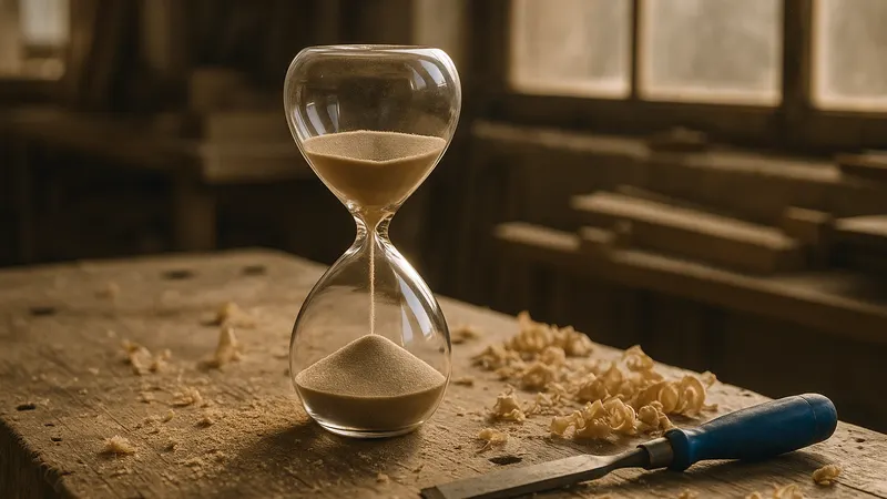 Sanduhr auf einer Werkbank mit Sägespänen im Nachmittagslicht