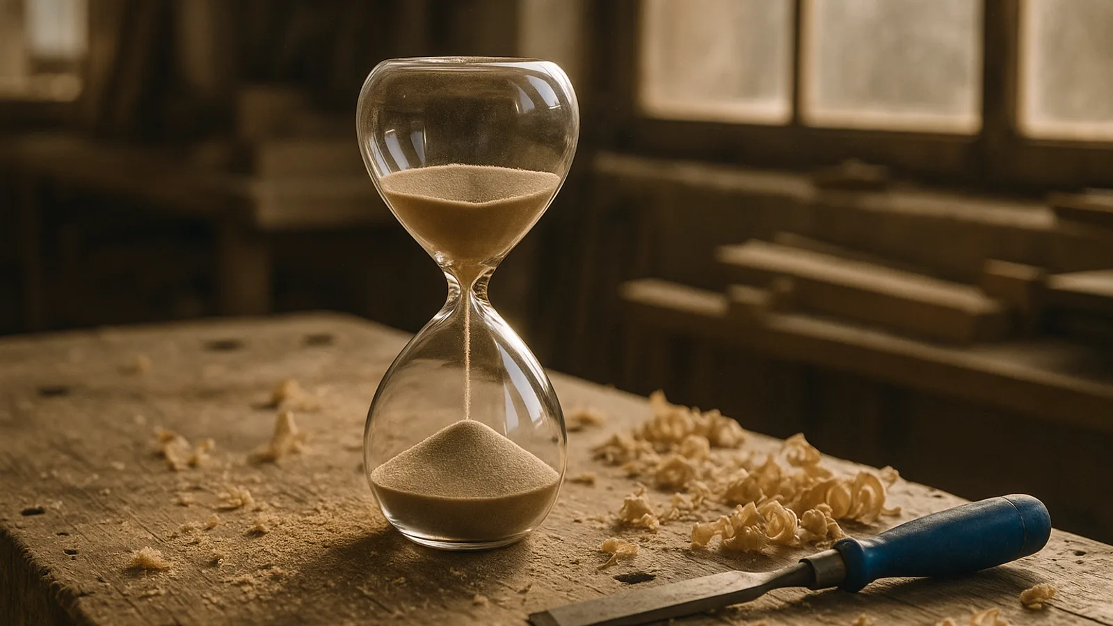 Sanduhr auf einer Werkbank mit Sägespänen im Nachmittagslicht