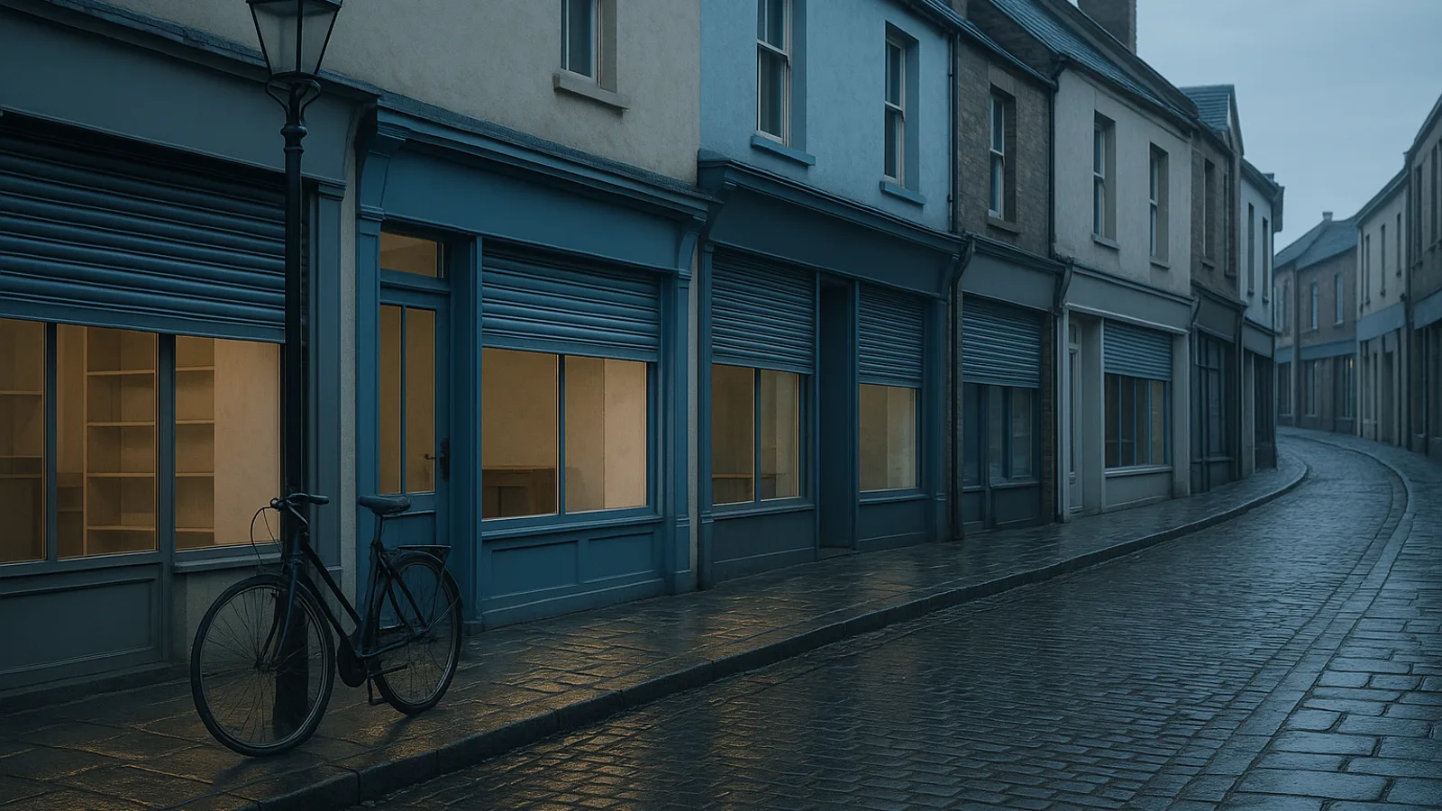 Ruhige Einkaufsstraße mit kleinen Läden im frühen Morgenlicht, Rollläden halb geöffnet