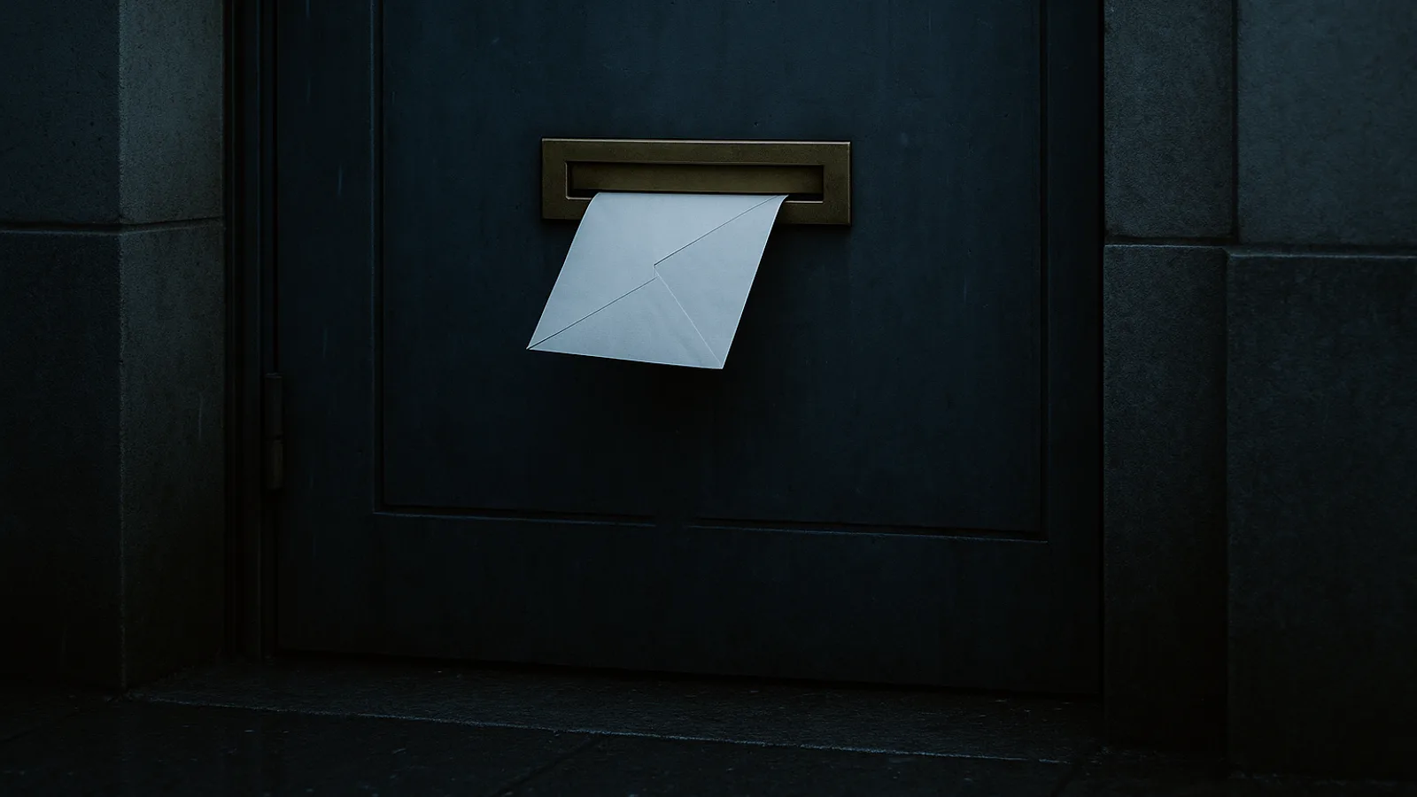 Schwerer geschlossener Stahlbriefkasten mit einem halb eingeworfenen weißen Umschlag in der Dämmerung