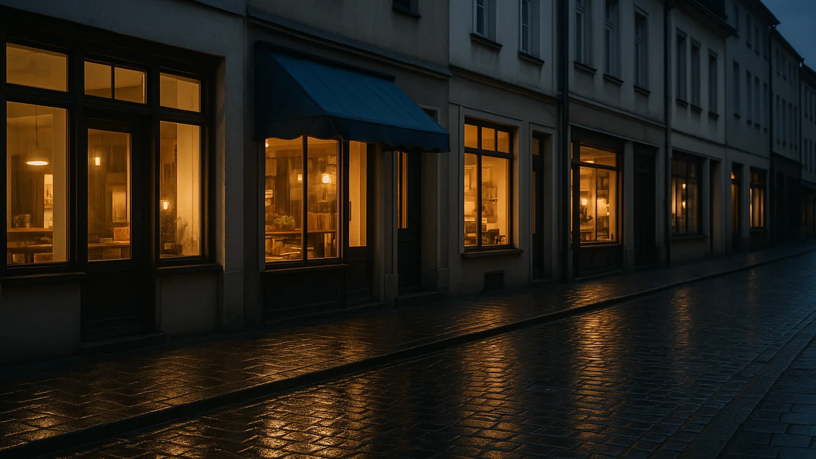 Straßenzeile mit beleuchteten Ladenfronten in der Abenddämmerung, nasses Pflaster spiegelt das Licht