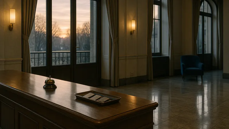 Hotel-Lobby am Morgen mit Rezeptionstresen, Glocke und Schlüsselkarten
