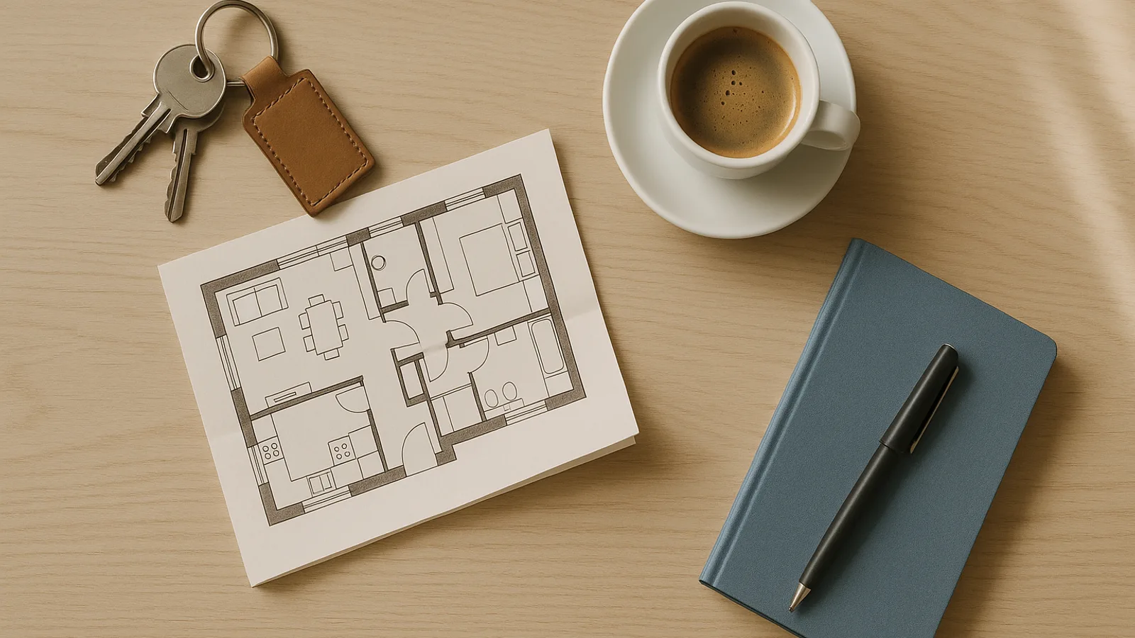 Wohnungsschlüssel, Grundriss und Espresso auf einem Holztisch von oben