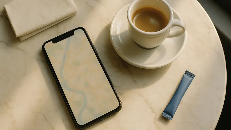 Smartphone liegt auf einem Café-Tisch neben einer Espressotasse, auf dem Display eine unscharfe Kartenansicht