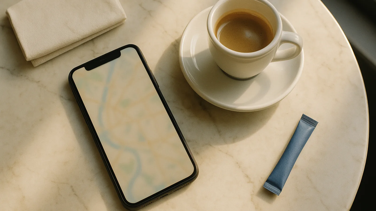 Smartphone liegt auf einem Café-Tisch neben einer Espressotasse, auf dem Display eine unscharfe Kartenansicht