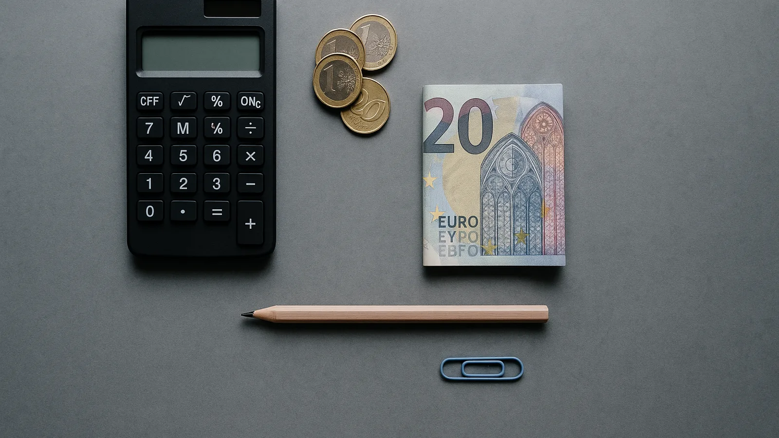 Taschenrechner, Münzen und ein Geldschein auf einem grauen Schreibtisch von oben