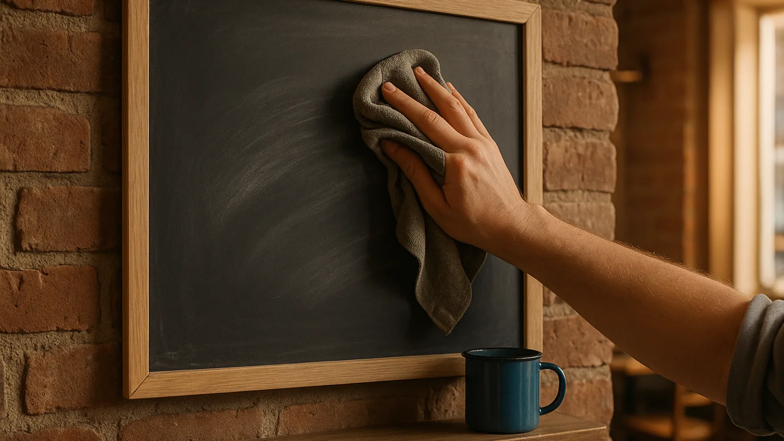 Hand wischt mit einem feuchten Tuch über eine leere Schiefertafel an einer Café-Wand