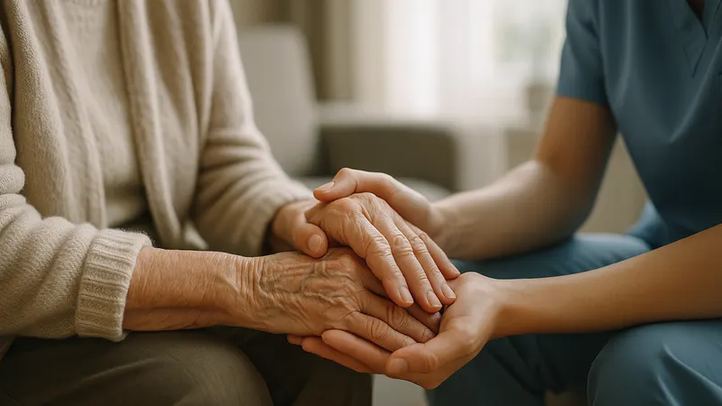 Hände einer Pflegekraft halten die Hände einer älteren Frau