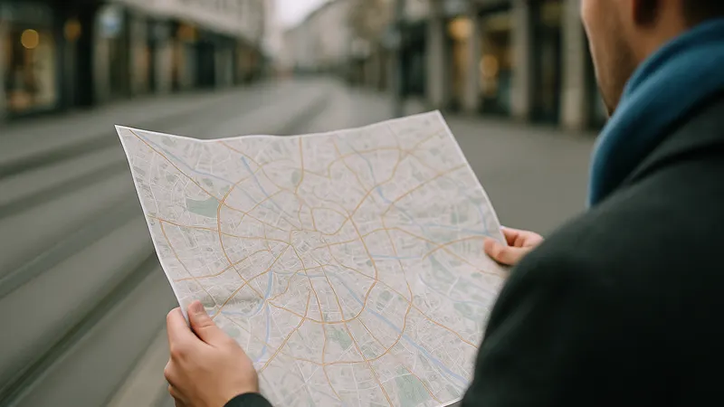 Blick über die Schulter einer Person auf einen aufgefalteten Stadtplan an einer Haltestelle